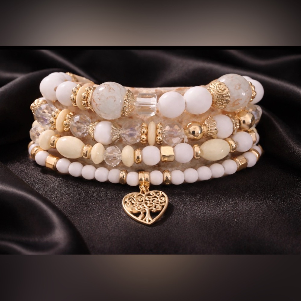 Gold and White Beaded Bracelet Set with Heart Charm